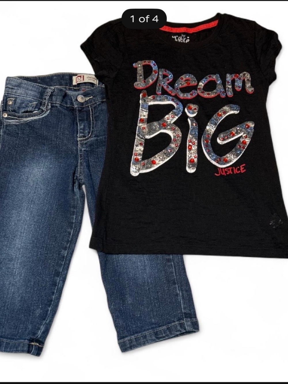 Justice Black Graphic 'Dream Big' girls Tee with L.e.i Blue Denim Capris size 10